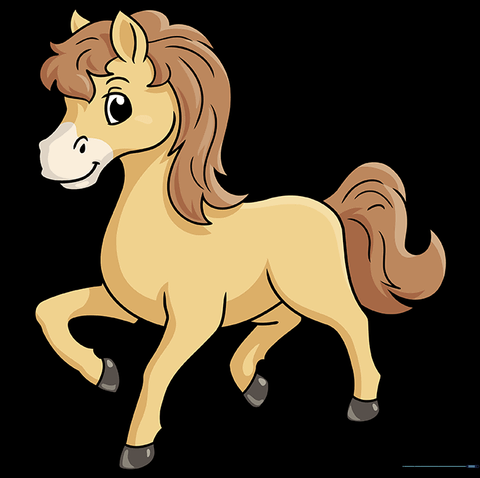 A fully colored cartoon horse with brown fur and a blonde mane.