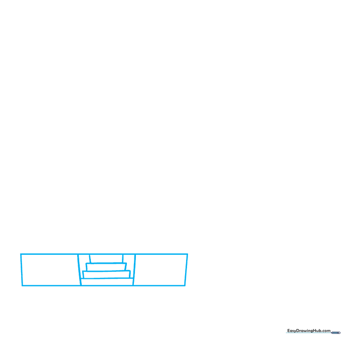 Pencil sketch showing a large rectangle divided into three sections with a stack of four small rectangles for porch steps.