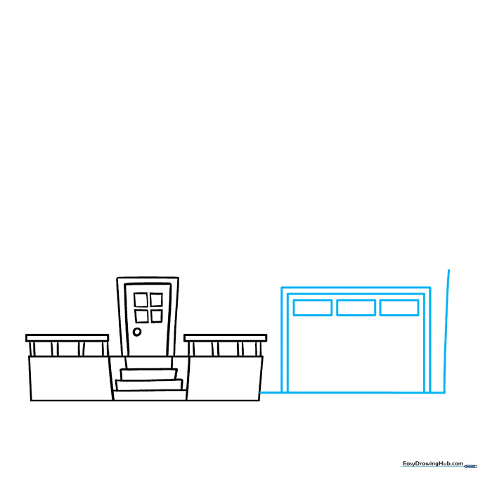 Adding a garage section to the side of the house with a large door and three small windows above it.