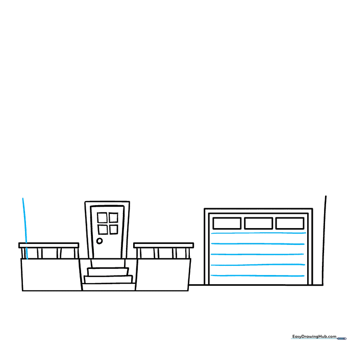 Garage door detailed with horizontal lines and a vertical line defining the house wall.