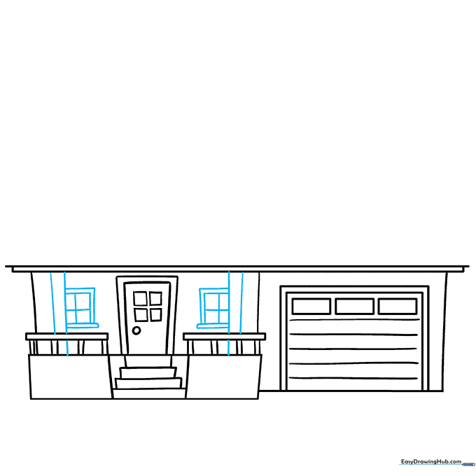 Drawing a trapezoid-shaped roof on top of the house structure.