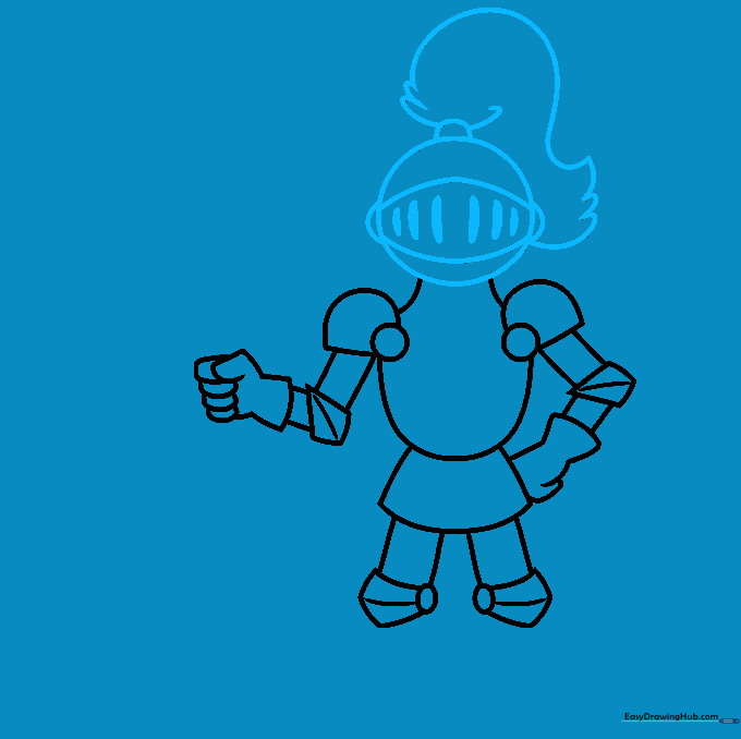 Sketching the knight's helmet, visor grate, and decorative plume.