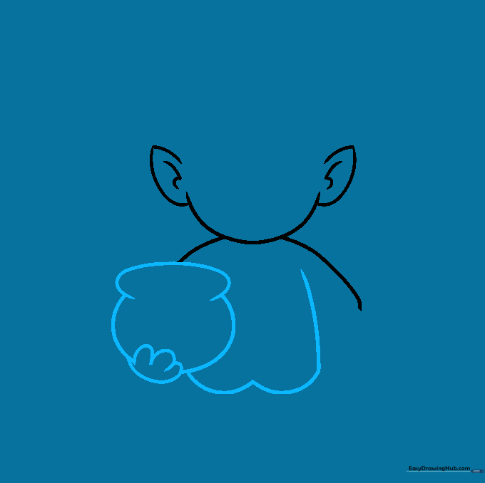 Drawing the leprechaun's hand holding a pot of gold and the start of the torso.