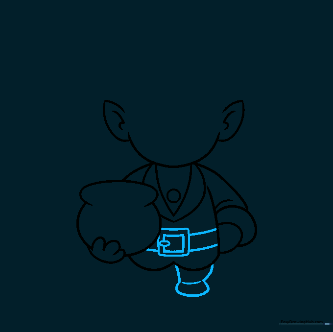 Drawing the belt, buckle, and the beginning of the leprechaun's legs.