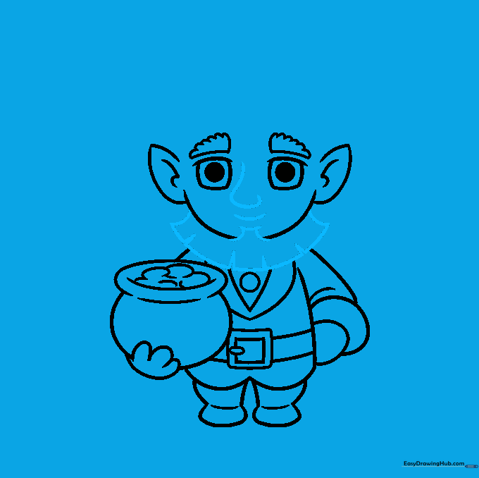 Adding the nose, mouth, and a bushy beard to the leprechaun's face.