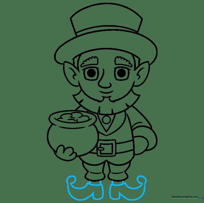 Adding the final details of the leprechaun's pointed shoes.