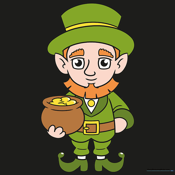 A fully colored cartoon leprechaun with green clothes and orange hair.