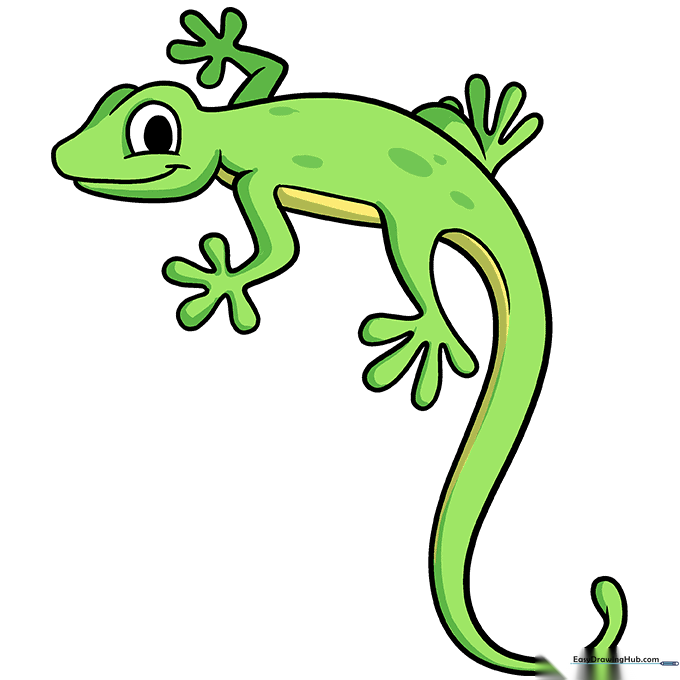 A fully colored, vibrant green cartoon lizard drawing.