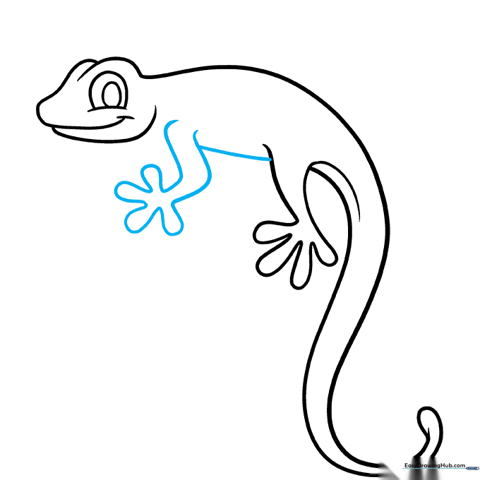 Adding the lizard's legs and feet with distinct toes and a belly line.