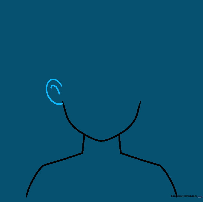 Close-up of a cartoon ear drawn with a C-shape and inner detail line.