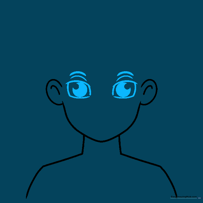 Detailed drawing of cartoon eyes with pupils, eyelids, and eyebrows.