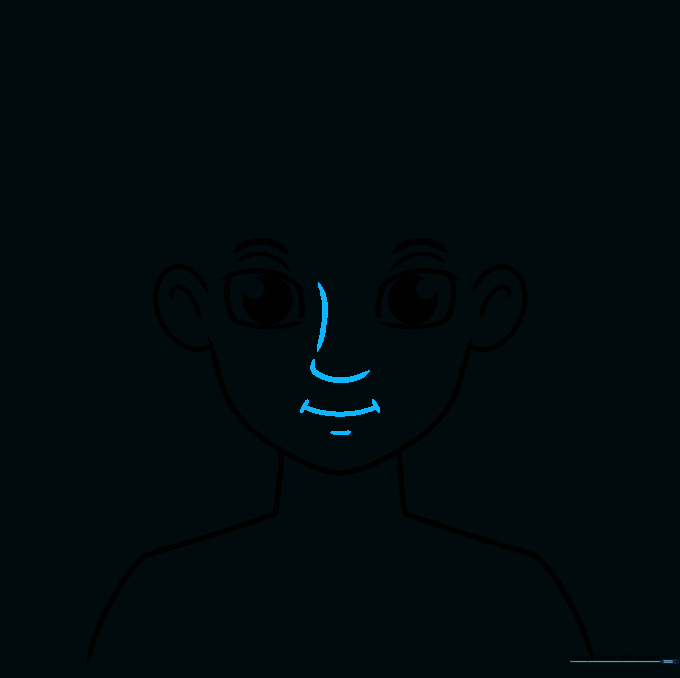 Cartoon man's face featuring a nose and a smiling mouth.