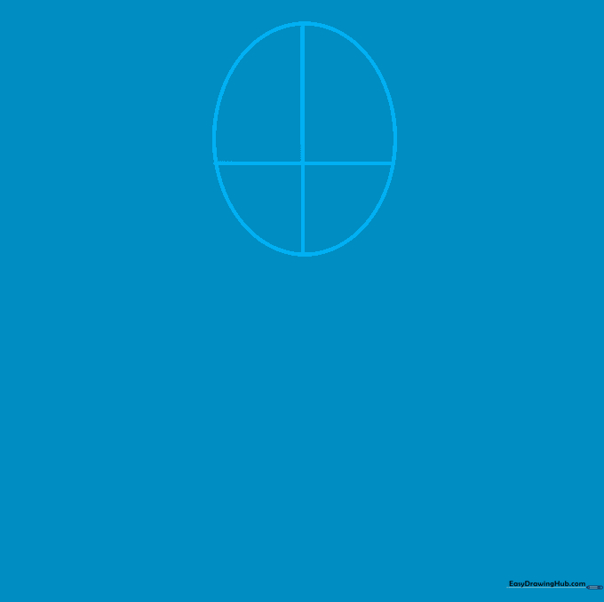 Pencil sketch of an oval head with a crosshair guide for facial symmetry.