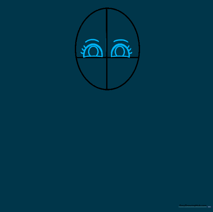 Close up of cartoon eyes with pupils, eyebrows, and eyelashes added to the face guide.