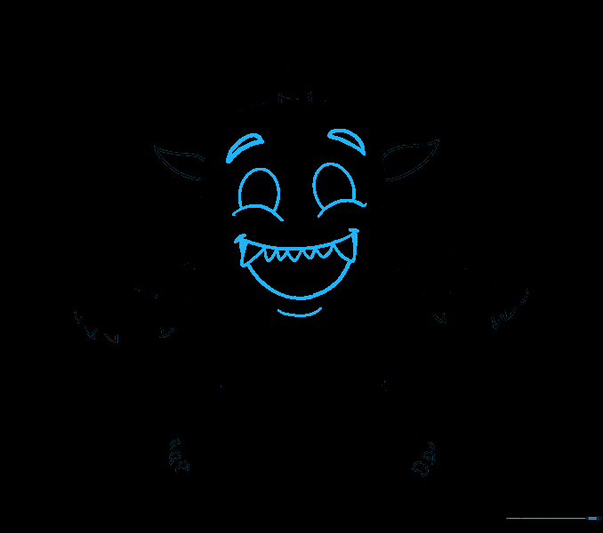 The monster's face with eyes, eyebrows, and a wide, toothy mouth.