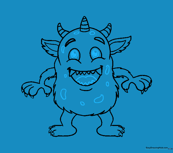 Final details including pupils, tongue, and spots added to the monster.