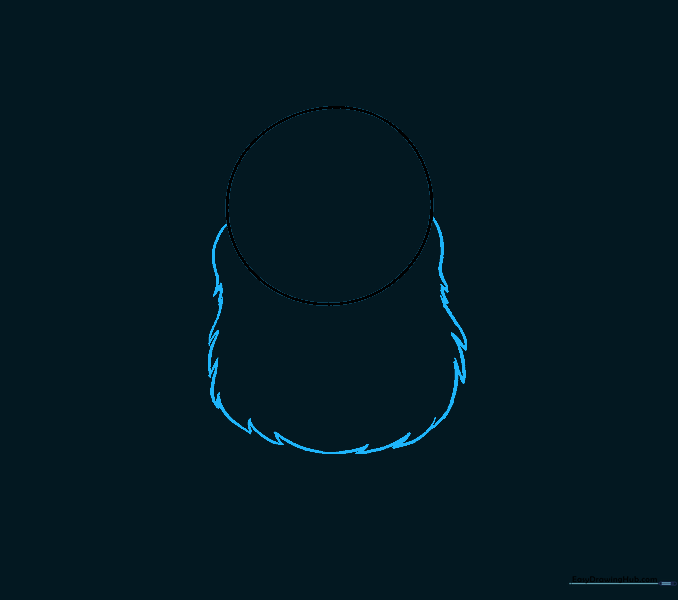 The monster's body being drawn with jagged, fur-like lines beneath the head circle.