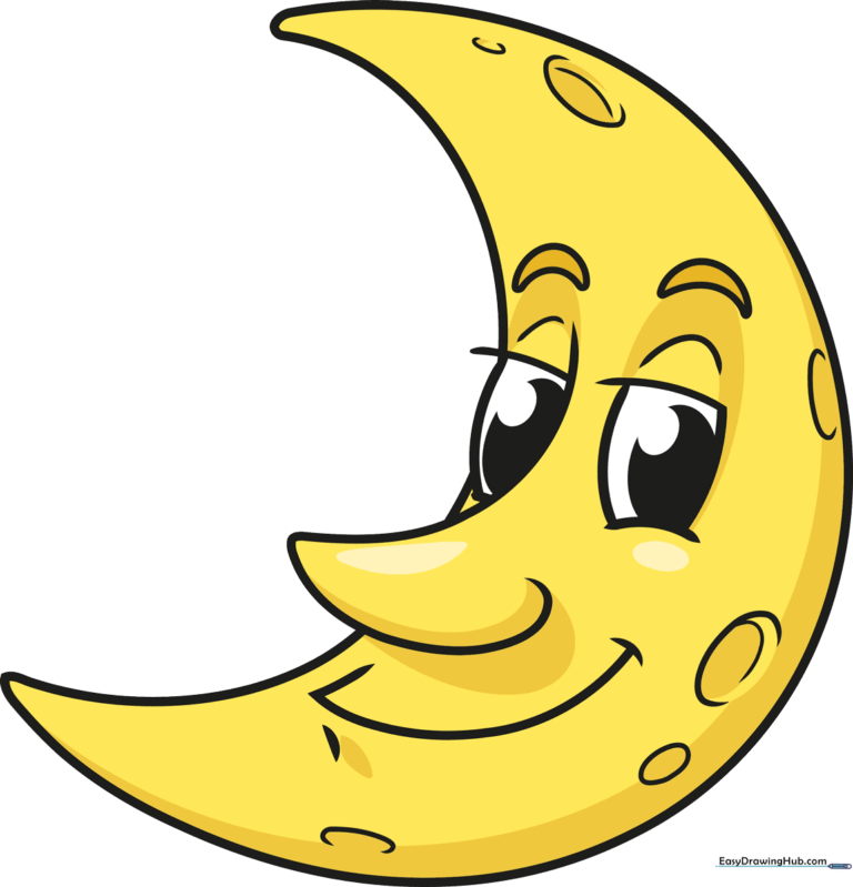 A friendly, smiling cartoon moon character against a dark background.