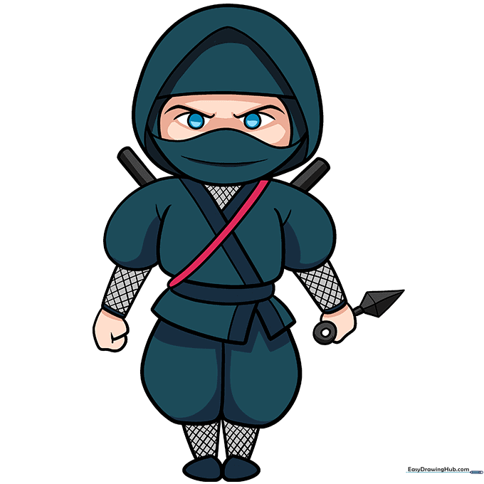 The finished cartoon ninja drawing, fully colored and outlined.