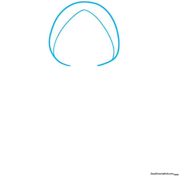 Pencil sketch showing the initial curved head shape and inverted V-shaped hood opening for a cartoon ninja.