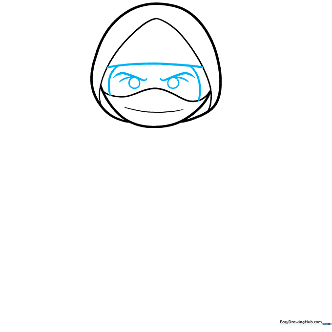 Adding expressive eyes and eyebrows within the ninja's hood area.
