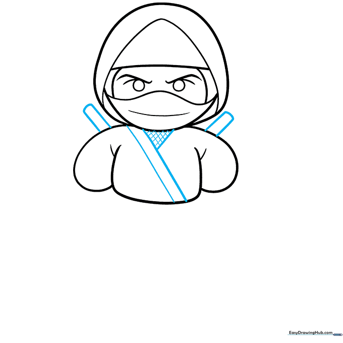 Adding crosshatch patterns to the ninja's tunic and weapon handles on the shoulders.