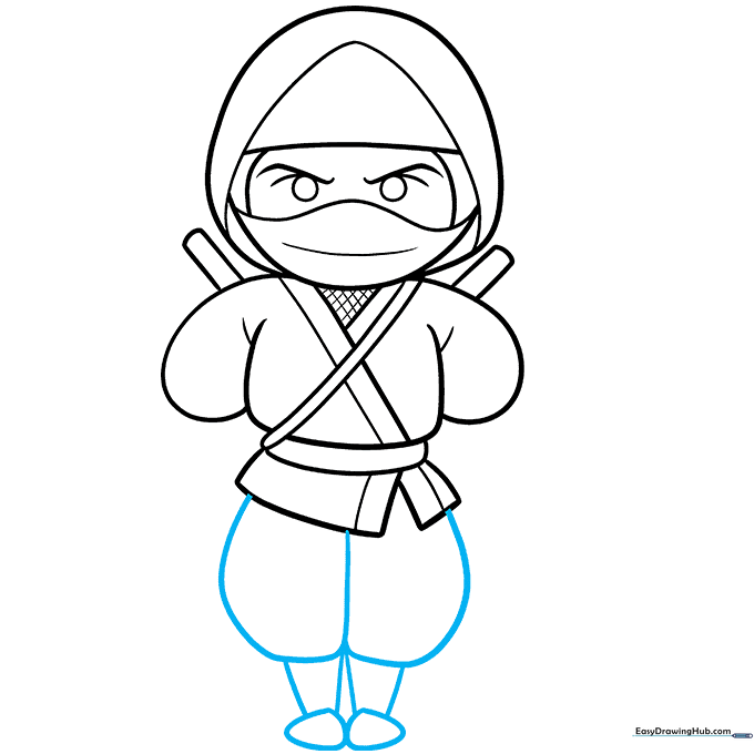 Drawing the legs and feet of the ninja in a standing position.