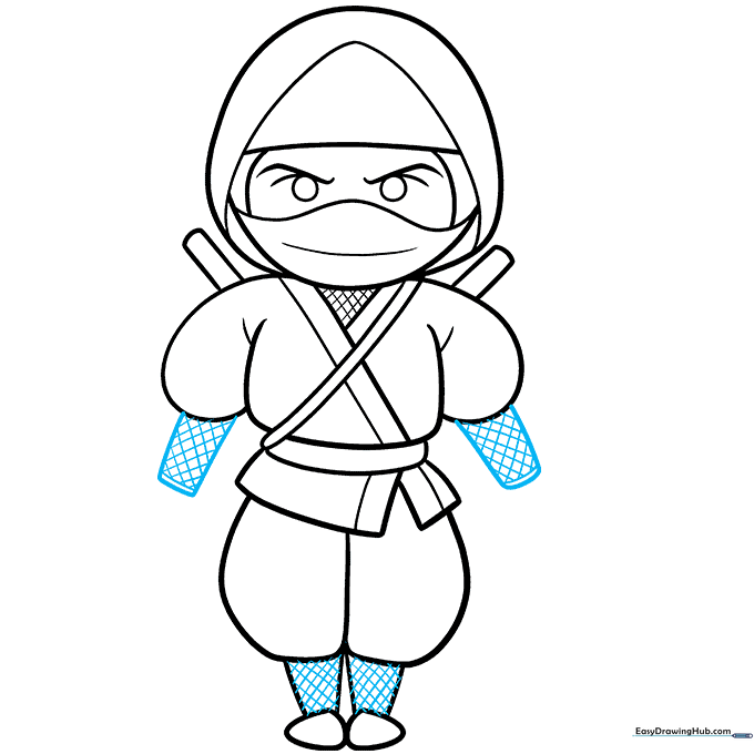 Adding detailed crosshatch patterns to the ninja's sleeves and leg wrappings.