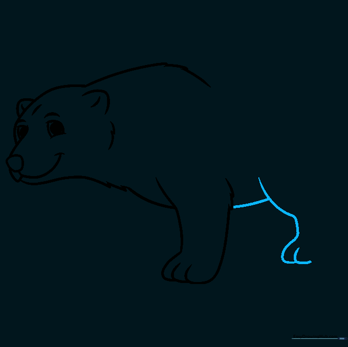 Outlining the belly and the start of the rear leg for the cartoon polar bear.