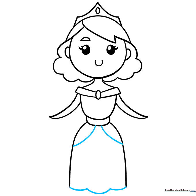 Completed princess outline with a scalloped hem on the skirt.
