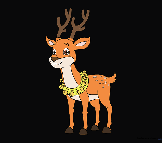 A fully colored cartoon reindeer with brown fur, a red nose, and a festive harness.