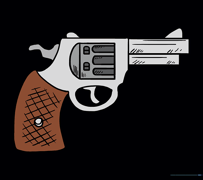 The finished, colored cartoon revolver with brown handle and grey metal.