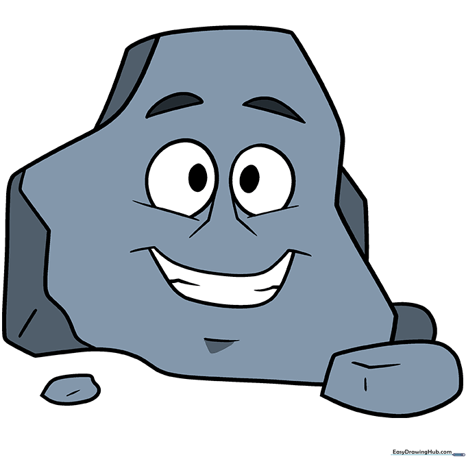 Finished, colored cartoon rock character with a friendly expression.
