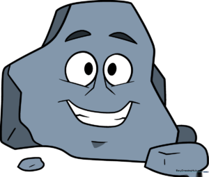 A friendly, smiling cartoon rock character, fully colored and ready for an adventure.