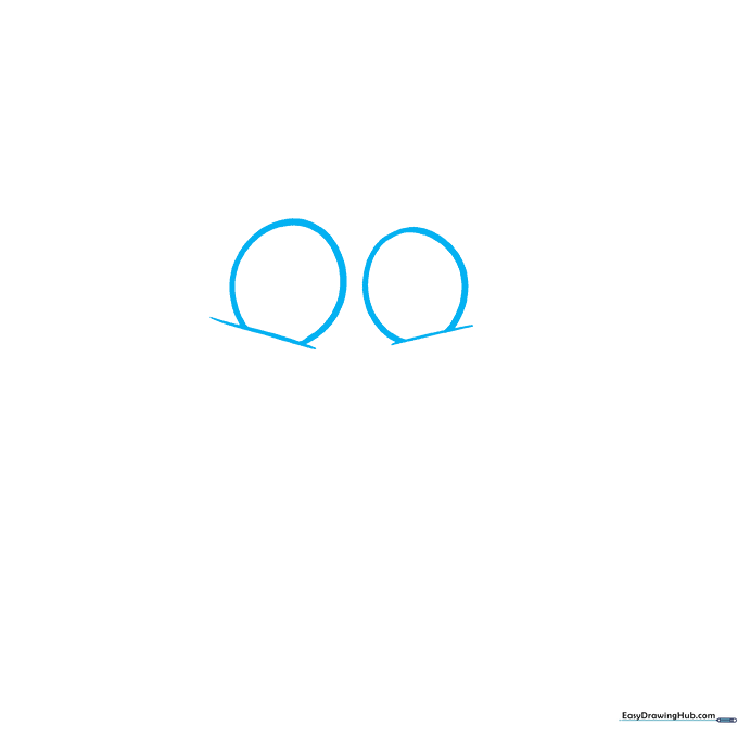 Close-up of two cartoon eyes with cheek lines drawn on white paper.