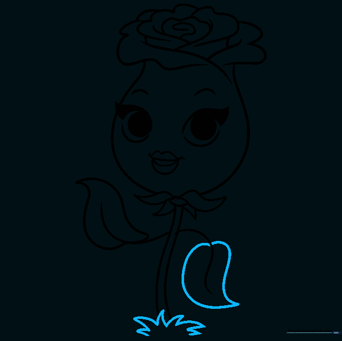 Completed line art of the cartoon rose with grass at the base.