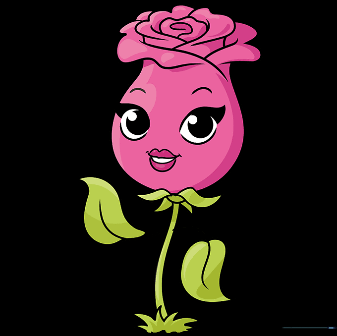 A fully colored, vibrant pink cartoon rose with green leaves.