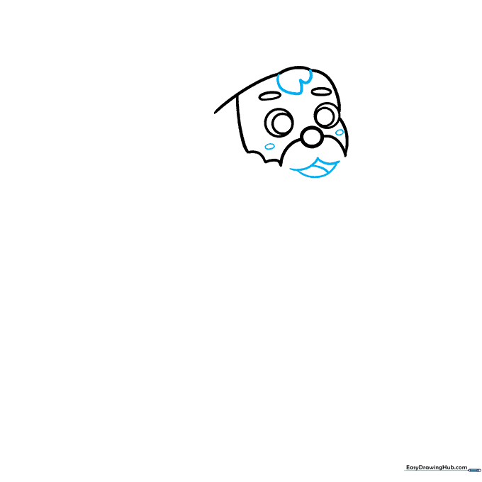 Adding details like the mustache, mouth, and rosy cheeks to the Santa face sketch.