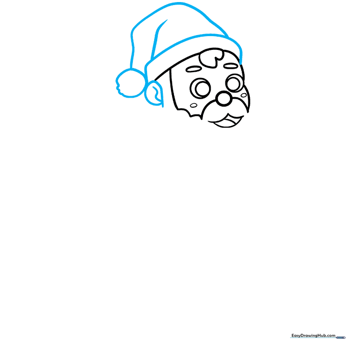 Adding Santa's iconic hat with a pom-pom and detailing the ear.