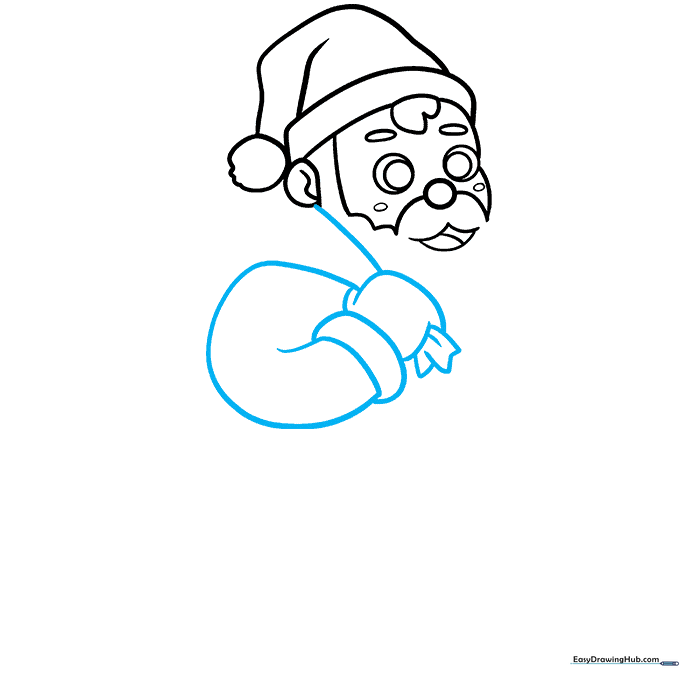 Sketching Santa's arm, mitten, and the opening of his large toy sack.