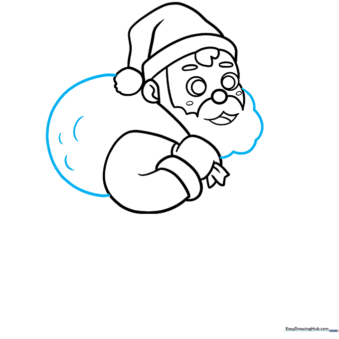 Finalizing the shape of the toy sack and the full, fluffy beard.