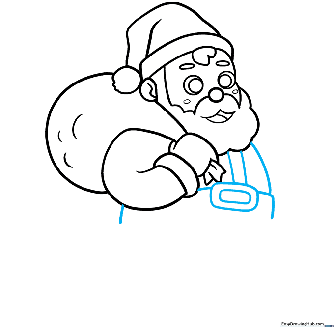 Drawing Santa's belt and buckle across his coat.