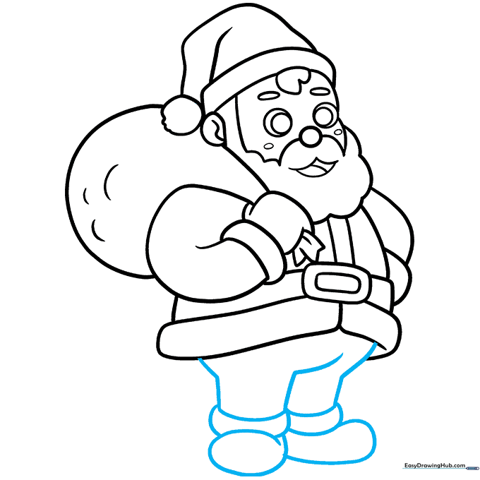 Completing the drawing by adding Santa's legs and boots.
