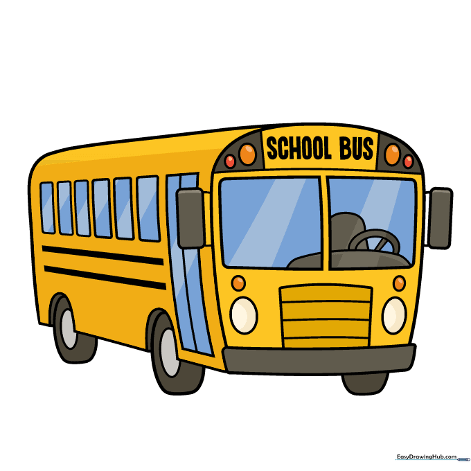 Fully colored cartoon school bus drawing