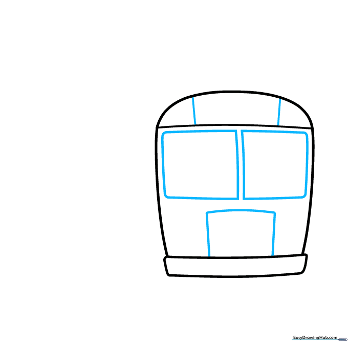 Adding windshield and grill details to the cartoon bus sketch