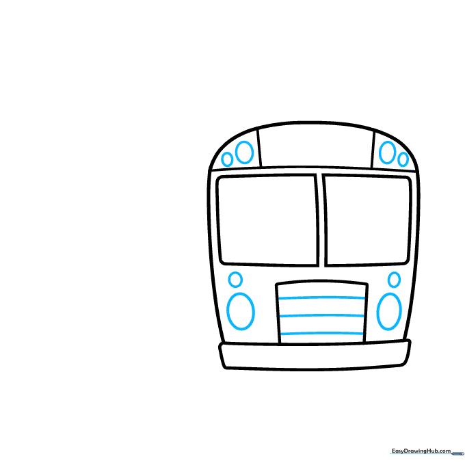 Drawing circular headlights and grill slats on the bus