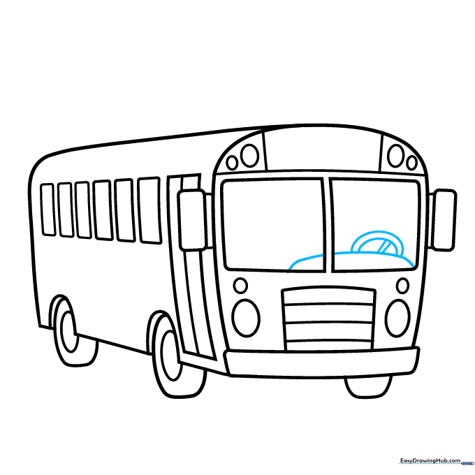 Sketching the steering wheel and dashboard inside the bus