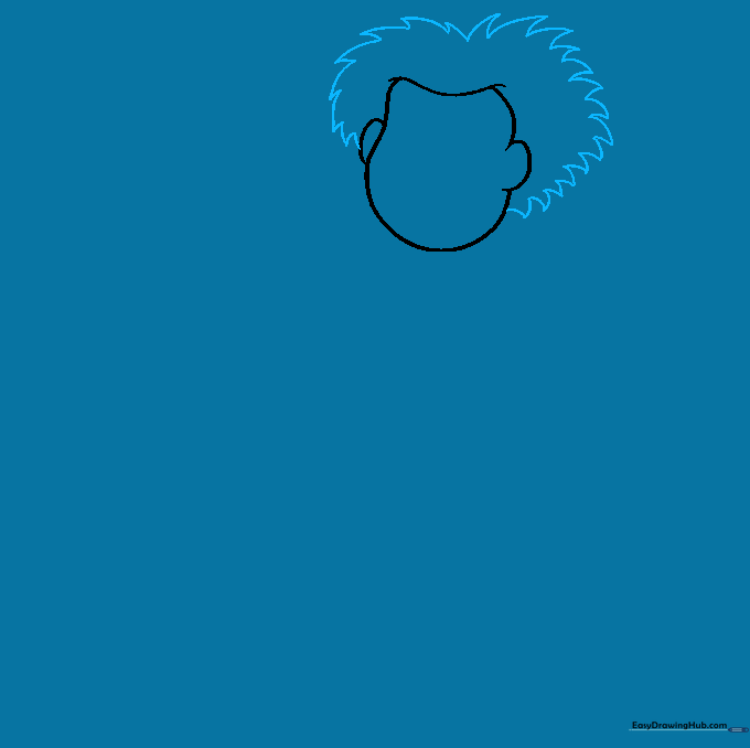 Adding a messy, jagged hairstyle to the cartoon scientist's head.
