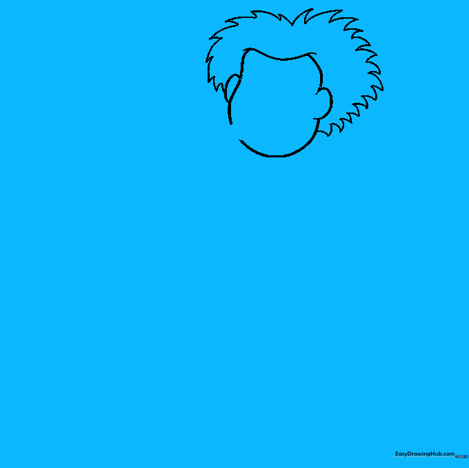 Detailed facial features including round glasses, eyebrows, and a mustache on the cartoon scientist.