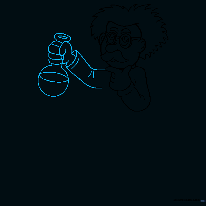 The scientist holding a laboratory flask with liquid inside.